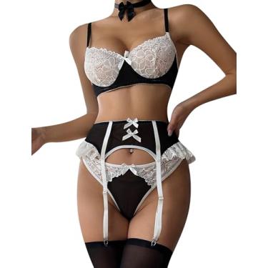 Imagem de Aivtalk Conjunto feminino de 3 peças, conjunto de lingerie de renda, bloco de cores, cintura baixa, com aro, fantasia de empregada pequena