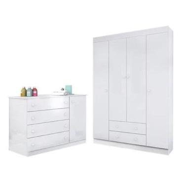 Imagem de Roupeiro 4 Portas + Cômoda Sapateira Maria MDP Branco - Bela Móveis - 