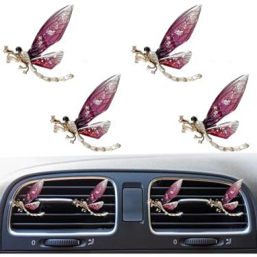 Imagem de 4 peças de clipes de ventilação de libélula brilhante, lindos clipes de ventilação de purificadores de ar de carro, clipe de ventilação difusor automático de diamante de strass para mulheres e meninas