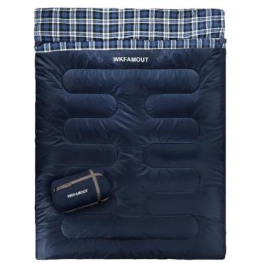 Imagem de WKFAMOUT Saco de dormir duplo para adultos, lavável na máquina, saco de dormir para acampamento para 2 pessoas, tamanho Queen, impermeável, com saco de compressão para clima frio, 3-4 estações
