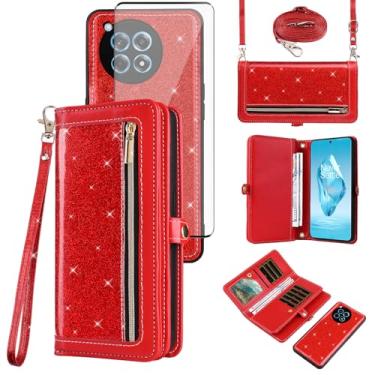Imagem de Asuwish Capa tipo carteira compatível com OnePlus 12R 5G/Ace 3 2024 e protetor de tela de vidro temperado com glitter, fecho de correr, porta-cartões, acessórios para celular, capas para celular para