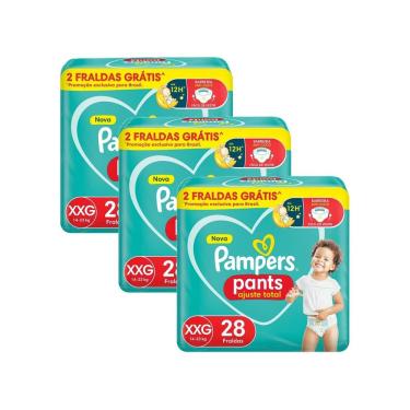 Imagem de Kit 3 Fralda Pampers Pants Ajuste Total Tamanho XXG com 28 Unidades Descartáveis
