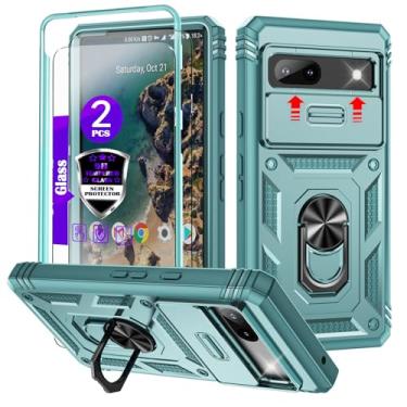 Imagem de Capa para Google Pixel 7A com capa deslizante para câmera, 2 películas de vidro temperado, suporte de anel giratório de 360°, capa protetora de grau militar para Google Pixel 7A 6,1 polegadas - verde