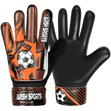 Imagem de Arsh Sports Luvas de goleiro de futebol para crianças, luvas de goleiro para jovens, meninos, meninas, palma de látex de 4 mm, antiderrapante, proteção de pulso dupla super Gip (preto-laranja, tamanho