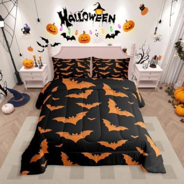 Imagem de Erosebridal Conjunto de edredom gótico de morcego, solteiro, feliz dia das bruxas, animal assustador, para crianças, meninos e meninas, laranja e preto, 1 fronha