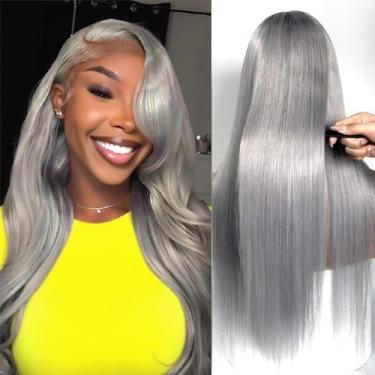 Imagem de Perucas de cabelo humano 200% 13 x 4 camadas cinza prateado cabelo humano cabelo humano remy brasileiro liso perucas cinza para mulheres negras 66.0 cm sem cola UHD suíço transparente peruca frontal