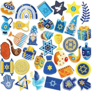 Imagem de AUGSUN 36 peças Hanukkah remendos de Hanukkah bordado costurar aplique de reparo Menorah Dreidel Star Chanukah vela DIY artesanato para roupas, jaqueta jeans, calças, vestido, mochila, chapéu,