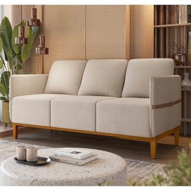Imagem de Sofá Living 3 Lugares com Pés em Madeira Maciça 187cm Estelí Espresso Móveis Linho Bege Claro/Sintético Caramelo