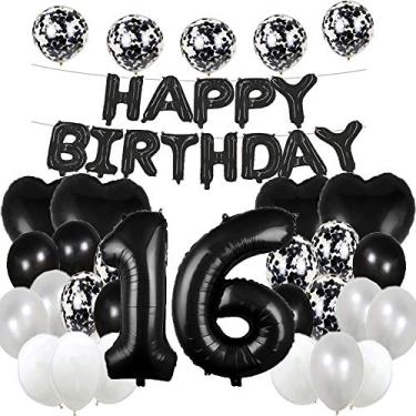 Imagem de Balão doce de 16 anos, decorações de aniversário de 16 anos, artigos de festa de 16 anos, preto, número 16, balões Mylar, balões de látex, presentes para meninas, meninos, mulheres, homens