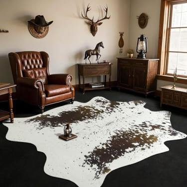 Imagem de B BENRON Tapete de couro bovino ocidental, tapetes de pele de vaca sintética para sala de estar, quarto, decoração de casa, tapete antiderrapante fofo com peles e peles irregulares de animais, marrom