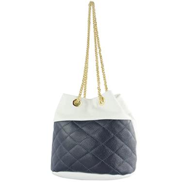 Imagem de modamoda de T245/T246 Bolsa feminina de couro italiano, fecho de corrente dourada, 20 x 14 cm, Branco/azul escuro/couro, Small