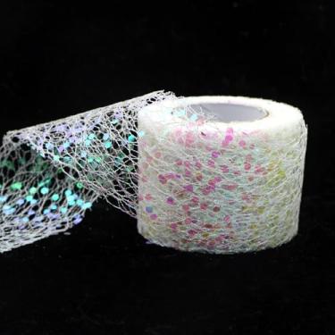 Imagem de Fita de malha brilhante de 10 metros de largura de organza metálica com glitter, lantejoulas decorativas, tecido de tule com borda de arame para embrulho de presente (branco colorido)