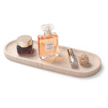 Imagem de Bandeja oval de pedra travertino para joias, velas, perfume, bandeja decorativa de banheiro de mármore para organizador de bancada 30 cm x 15 cm x 1,8 cm