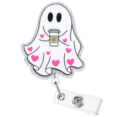 Imagem de Carretel de crachá de fantasma de coração engraçado | Porta-crachá retrátil | Clipe de crachá fofo para amantes de café RN LPN CNA MA enfermeira médica trabalhadora de escritório | Presentes de