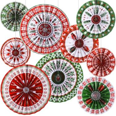 Imagem de Outus 9 peças de decorações de pendurar de Natal, suéter com leques de papel, ventiladores de papel, cana-de-doce, decoração de parede de teto para festa de Natal, sala de aula, decorações de festa de