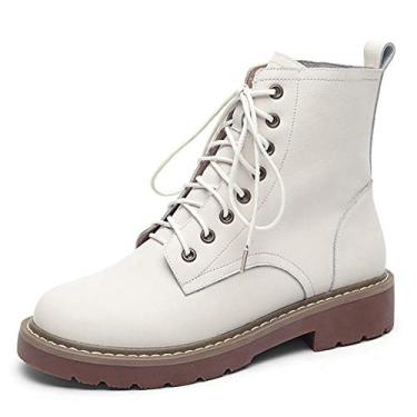 Imagem de Bigfanshu Botas de couro genuíno femininas cano curto outono inverno salto baixo tiras cruzadas bico redondo cadarço preto bege botas curtas, Branco, 39 BR