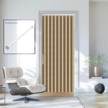Imagem de AJAZZ Conjunto: Varões de cortina sem perfuração (faixa ajustável de 71 a 99 cm L) e cortina de porta sanfonada, marrom 109 cm L × 198 cm C, portas sanfonadas para divisória de sala de porta de