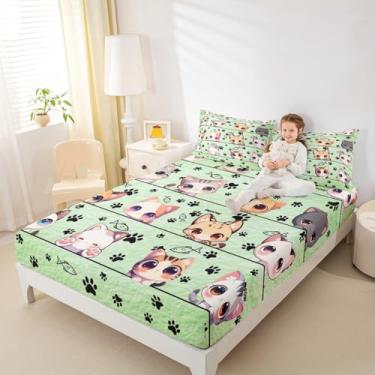 Imagem de Lençol solteiro com elástico fofo para amantes de animais de estimação, gato adorável com 1 fronha, estilo verde, tecido decorativo macio, sem lençol de cima, presente de quarto