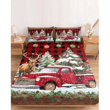 Imagem de Jogo de lençol de cama queen com elástico de caminhonete de Natal de inverno para colchão de até 40,6 cm, madeira de búfalo, microfibra macia, lençol com bolso profundo e 2 fronhas, decoração de hotel