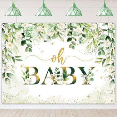 Imagem de Avezano Greenery Boy Baby Shower Decorações Banner Floral Verde Sálvia Oh Baby Pano de Fundo Dourado Glitter Vegetação Folhas Gênero Neutro Decorações de Chá de Bebê (2,1 x 1,5 m)
