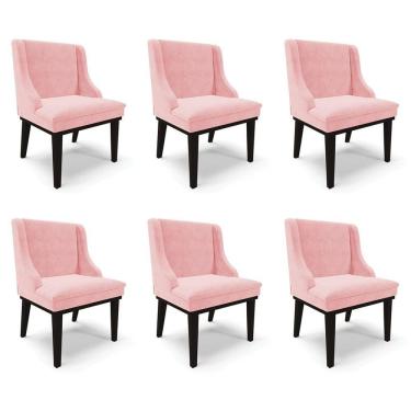 Imagem de Kit 6 Cadeiras Decorativas Sala De Jantar Base Fixa De Madeira Firenze Suede Rosa Bebê/preto G19 - Gran Belo