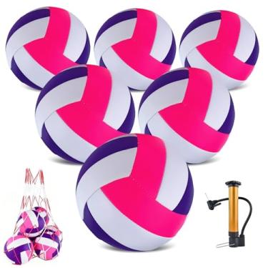 Imagem de Pacote com 6 bolas de vôlei oficiais tamanho 5, bolas de vôlei recreativas à prova d'água com bomba e bolsa de rede para uso interno e externo, praia, areia, água, piscina, jogo de treinamento para