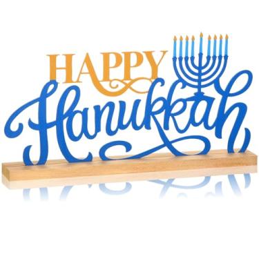 Imagem de Roowest Happy Hanukkah Placa de metal rústica Chanucá castiçal de mesa decoração de mesa de centro de mesa decoração de bandeja de férias em camadas com base de madeira para casa, escritório