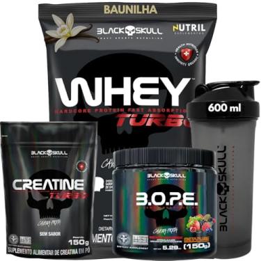 Imagem de Whey Protein Concentrado + Creatina Monohidratada 150g + Pré-Treino B.O.P.E 150g + Coqueteleira 600ml - Kit Black Skull Para Ganho de Massa e Força (Whey Baunilha + Bope Frutas Vermelhas)