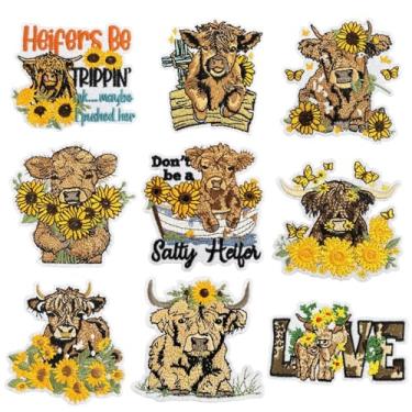 Imagem de 9 peças Highland Cow Heifer Iron on Patches, Cool Western Style Slogan bordado remendos de reparo para roupas, aplique vintage personalizado para jeans, jaquetas, chapéus, mochilas, bolsas, sapatos
