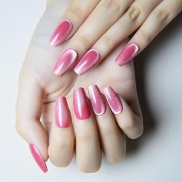 Imagem de Pregos curtos de pressão de caixão, pontas de unhas postiças rosa olho de gato com acabamento brilhante, kit de unhas reutilizáveis com abas adesivas mini lixa de unha, 24 peças