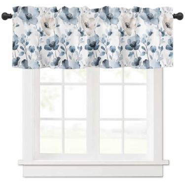 Imagem de Cortina de sanefa de tratamento de janela, cortina curta de sombra de flor azul tinta para cozinha, banheiro, sala de estar, quarto, privacidade, varão com bolso drapeado 137 cm L x 45,7 cm C 1 painel