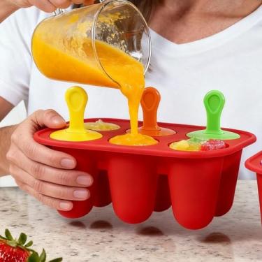 Imagem de Molde de picolé de 6 cavidades com bandeja de liberação fácil e alças sem gotejamento, conjunto de moldes reutilizáveis para freezer para petiscos congelados caseiros (vermelho)