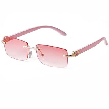 Imagem de SDINM Óculos de sol retangulares modernos sem aro para homens e mulheres sem moldura com lentes coloridas, Lente gradiente rosa/braço rosa