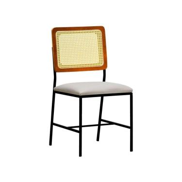 Imagem de Cadeira Lyon Metal Encosto Anatômico Telinha Natural Assento Estofado - Preto-amêndoa Linho Bege