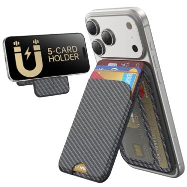 Imagem de TWZKG Carteira MagSafe, 5 porta-cartões com suporte, suporte magnético para iPhone 17/16/15/14/13/12 Pro Max Air Plus, couro vegano com bloqueio de RFID, fibra de carbono