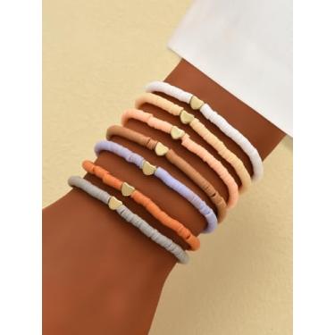 Imagem de 7 peças de pulseiras de contas de argila para mulheres e meninas, conjunto de pulseiras de amizade empilháveis com contas de coração, pulseiras elásticas de praia boho ajustáveis, pulseiras coloridas