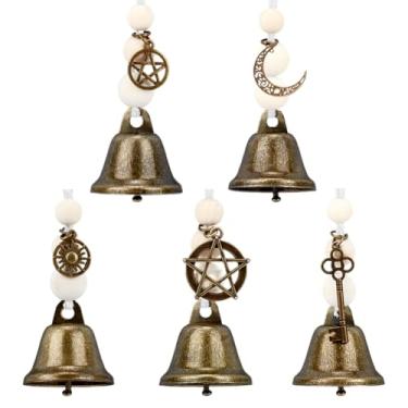 Imagem de PH PandaHall 5 sinos de bruxa com contas de madeira para maçaneta de porta, sinos de bruxaria pendurados sino de bruxa decoração de sino com contas com chaves mágicas pingente de girassol para