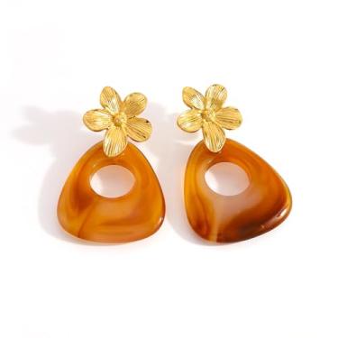 Imagem de Brincos femininos com pingente geométrico de flor delicada de aço inoxidável banhado a ouro 18 K, resina grossa, floral, gota d'água, pingente, leve, retrô, boêmia, joia de férias