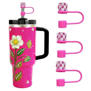 Imagem de JIASHEBDE Conjunto de 3 peças de diamante para acessórios Stanley Cup, capas de strass brilhantes para copos de 850 g 1,134 g, tampas reutilizáveis à prova de poeira, presentes femininos (rosa