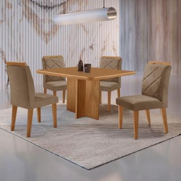 Imagem de Mesa Olimpia 90 Mdf Canto Copo E Com 4 Cadeiras Melissa Veludo Capuccino Naturalle