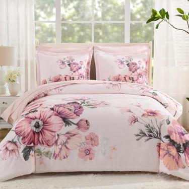 Imagem de LLDSYW Conjunto de edredom King Size – Conjunto de edredom e lençol com 7 peças, cama king size rosa, microfibra macia, para todas as estações (rosa, 264 x 228 cm)