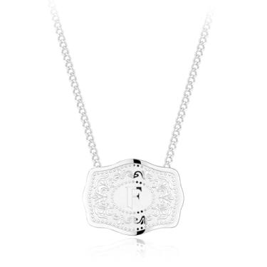 Imagem de Holylegend Colar com pingente de letra inicial banhado a ródio com fivela de cinto em relevo, colar com inicial Western Cowgirl para mulheres, compre 1 e ganhe 2 correntes, joia personalizada para