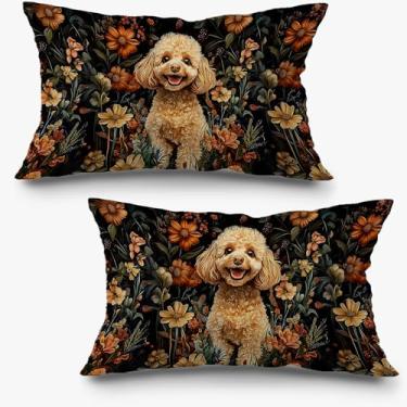 Imagem de Exqcom Moody Capas de almofada floral para poodle, conjunto de 20 x 50 cm, presentes de poodle, decoração de cachorro de flores silvestres botânicas escuras para casa, quarto, sala de estar