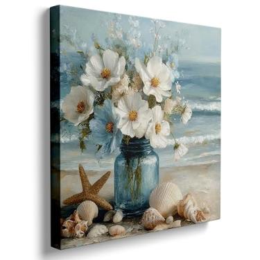 Imagem de DUFIPOR Decoração de banheiro arte de parede de praia, azul oceano costeiro, imagens de arte floral, vaso de paisagem marítima estrela do mar, pintura de flor branca para quarto, sala de estar, casa