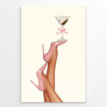 Imagem de Impressões de arte de parede em tela vintage Martini na moda vidro coquetel e fotos de salto alto rosa, decoração de parede estética descolada para bar, carrinho, hotel, restaurante, 41 x 61 cm, sem