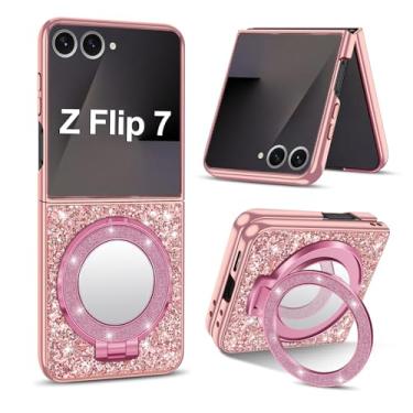 Imagem de Capa de silicone para Samsung Galaxy Z Flip 7 5G, capa traseira fosca brilhante brilhante com segurança para Mag-Safe, espelho de maquiagem, capa protetora à prova de choque para Samsung Z Flip 7