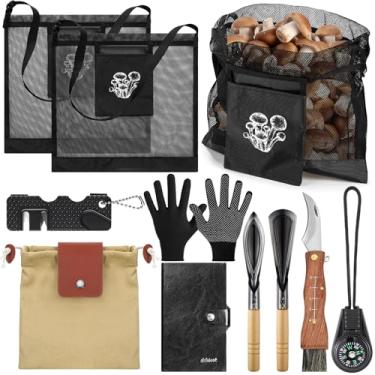 Imagem de Bulyoou Kit de 9 peças de forrageamento de cogumelos inclui saco de caça, faca de cogumelo com escova, luvas, 2 ferramentas de pá, apontador, saco de forrageamento de lona encerada, caderno e bússola