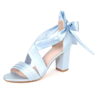 Imagem de Perphy Sandálias femininas de salto grosso com tiras cruzadas de cetim, Azul claro, 40