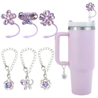 Imagem de Odiwellan Capas de palha de flor de cristal brilhante roxo e topos de borboleta para acessórios Stanley Cup, pingentes de corrente combinando para copos de 850 g e 1,134 g com alças, tampas de palha