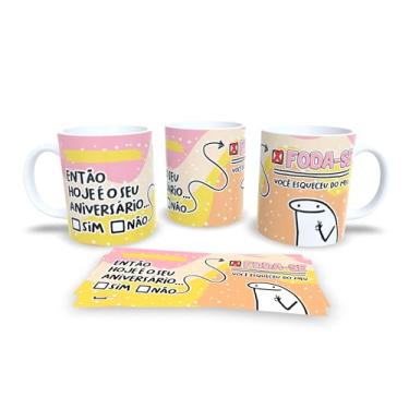 Imagem de Caneca Cerâmica Decorativa Parabéns Amiga, Design Listrado Pastel com Ilustrações, 325ml, Presente para Aniversário (17907)